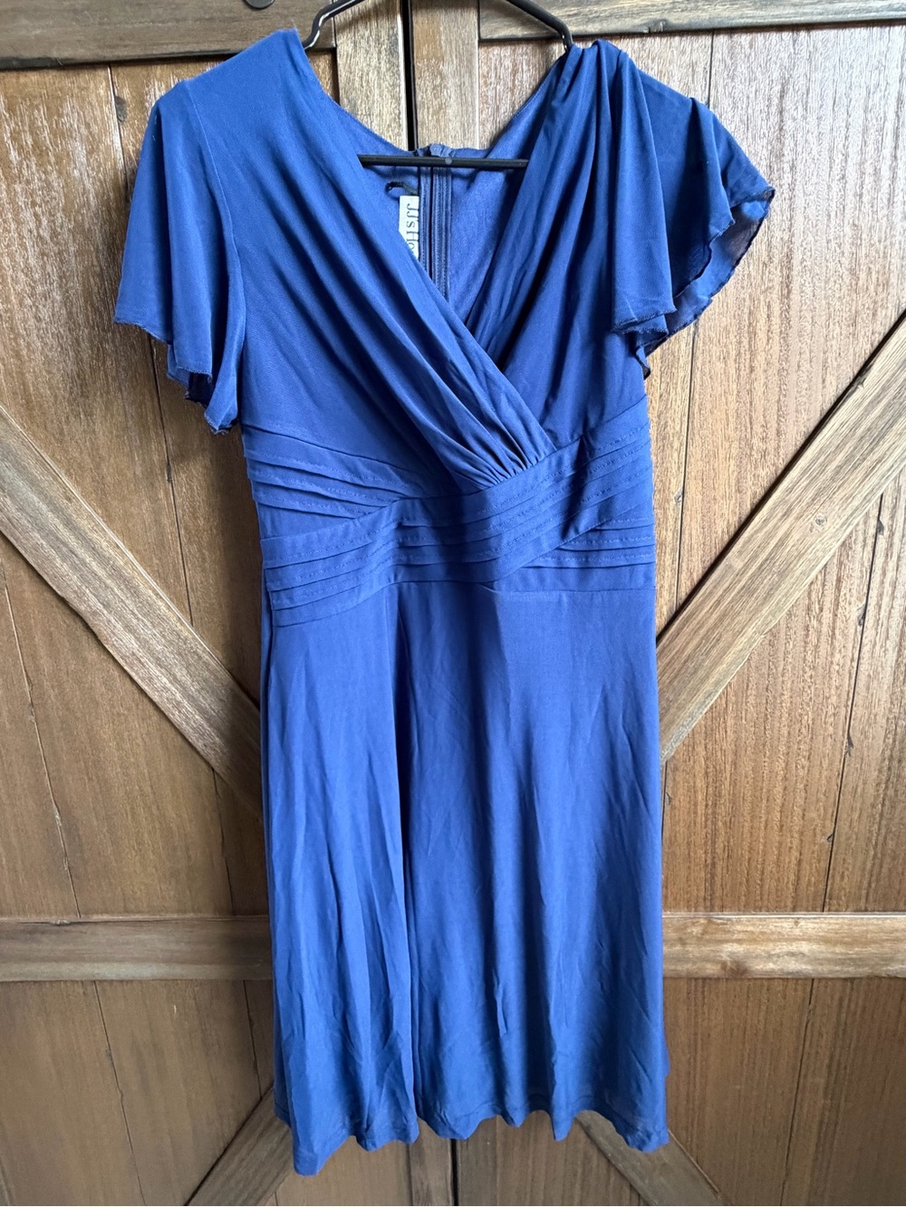 JJs House Cobalt Blue Wrap V-Neck Midi Dress with Flutter Sleeves